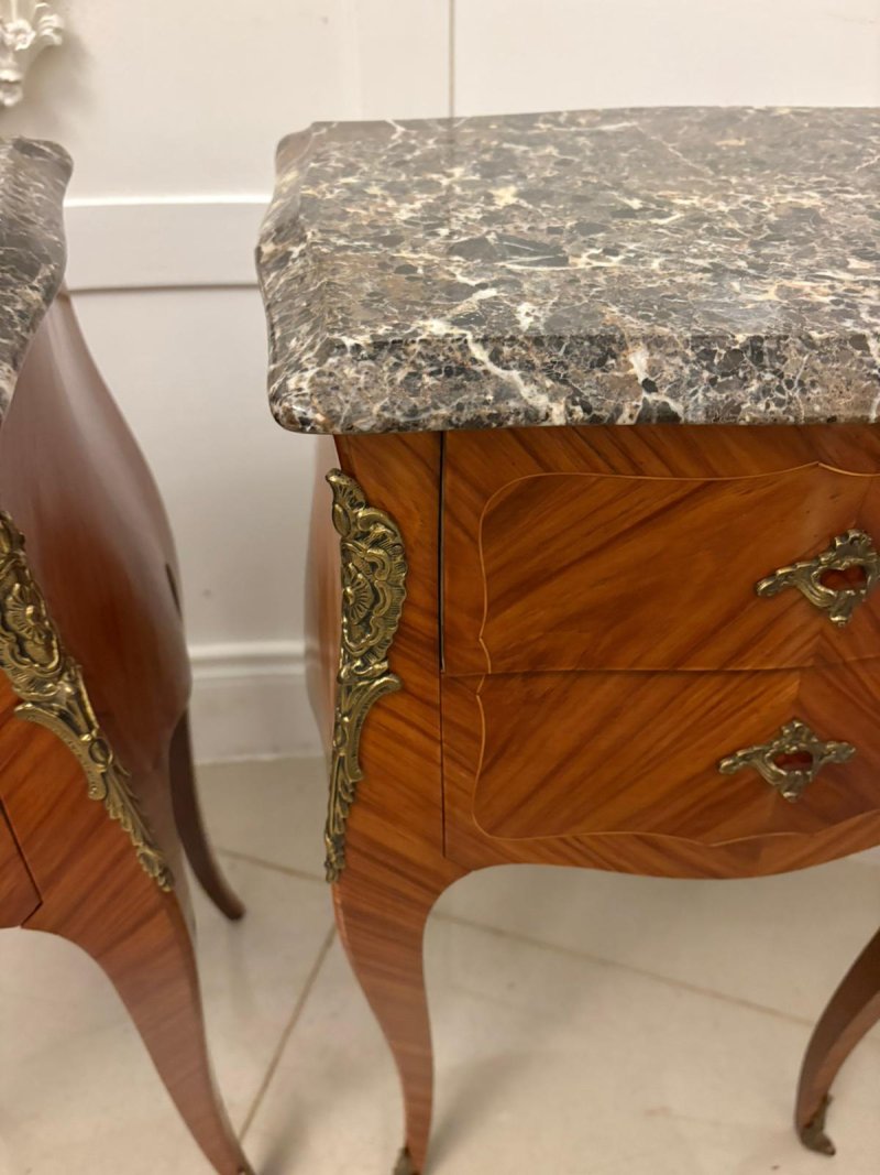 Antique Pair of Quality French Louis XV Style Marble-Top Bedside Cabinets